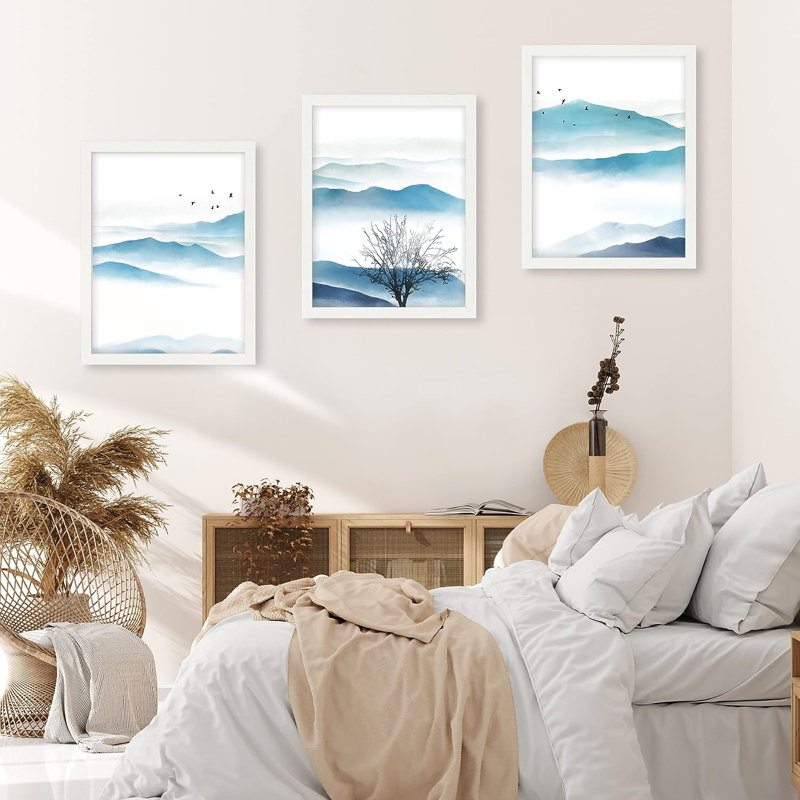 IDÉE4WALL, art mural encadré à l'aquarelle, ensemble de 3 estampes murales bleu pastel, décor de nature sauvage pour salon, chambre à coucher, 3 pièces
