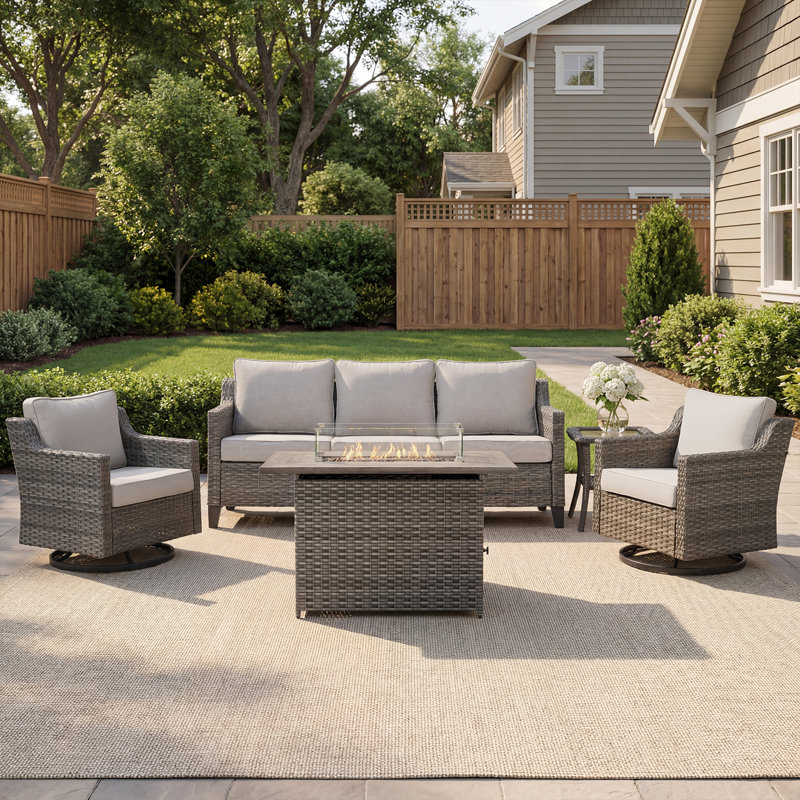 Arlene 5 Person Outdoor Wicker Sofa Conversation Set With Swivel Chairs, Fire Pit Table & Side Table, Beige