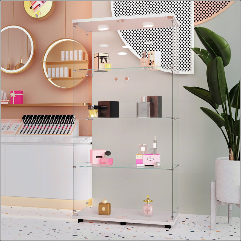Tempered Glass Display Cabinet With Color-Changing Lights, Door Locks, And Adjustable Feet For Versatile Use In Any Room