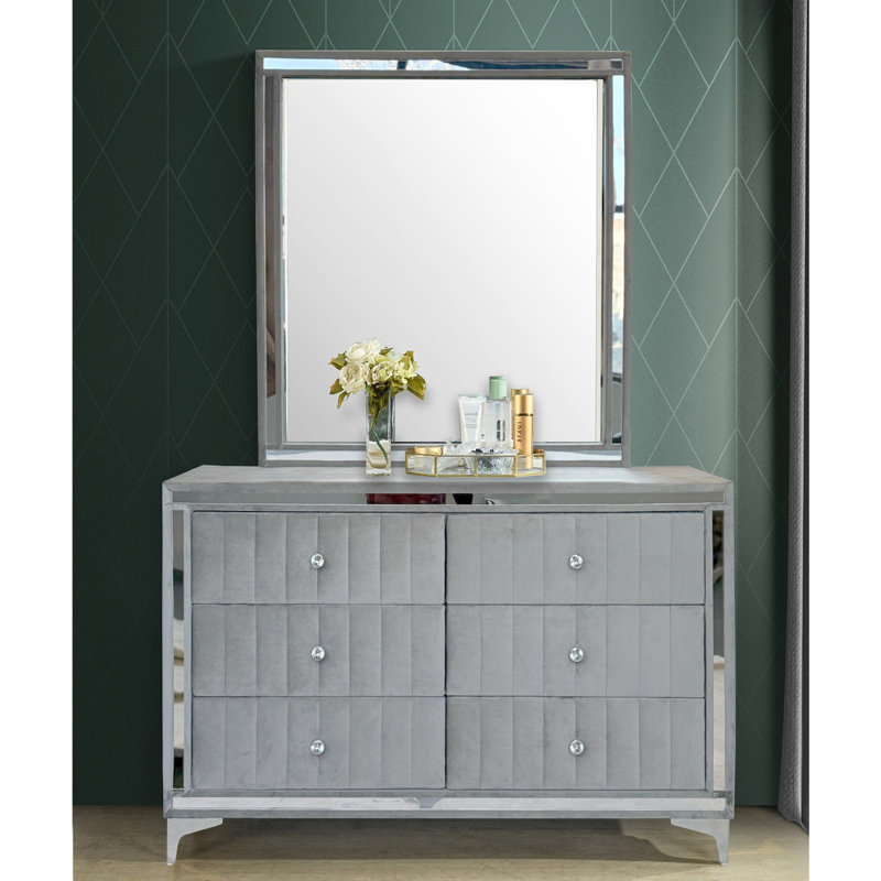 Commode 6 tiroirs avec miroir Schade, Gris