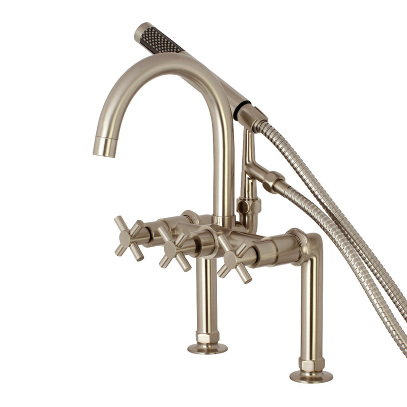 Kingston Brass Concord Three-Handle 2-Hole Deck Mount Clawfoot Tub Faucet with Hand Shower, Brushed Nickel