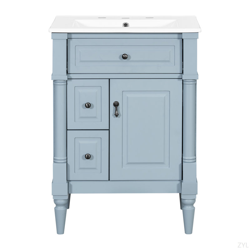 Bathroom Vanity With Sink, Freestanding Bathroom Cabinet With Flip Drawer & Adjustable Shelf, Solid Rubberwood Frame, MDF Panels & Metal Handles