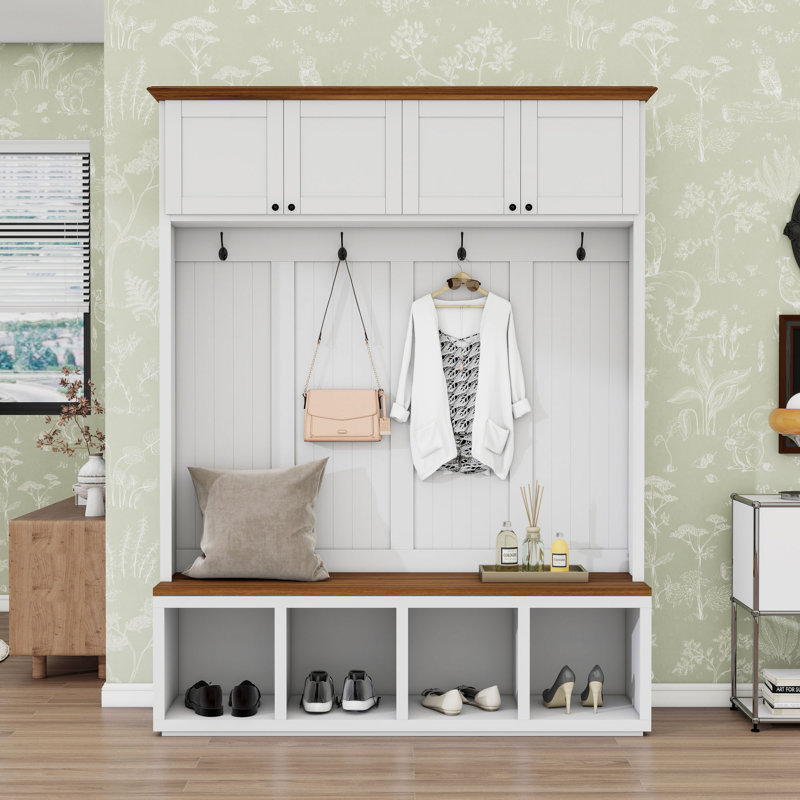 Entryway Hall Tree with Bench, Storage Cabinets and 4 Hooks, White