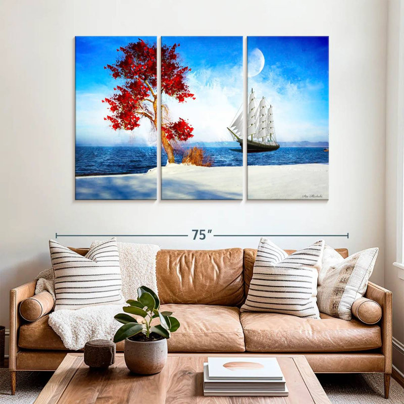 Mehar Red Tree And Ship, 42" H x 65" W