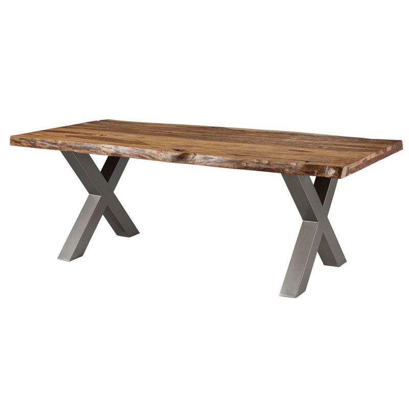 Solid Wood Top Metal Base Dining Table, 77 cm H x 180 cm L x 90 cm D, Silver, Beige