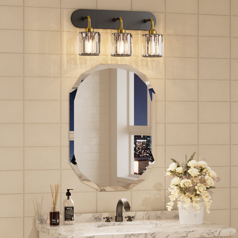 Éclairage de meuble-lavabo à intensité variable avec abat-jour en cristal, Noir mat / or brossé, Trois lumières