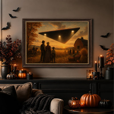 Les agriculteurs observent un OVNI triangulaire au-dessus d'une grange à l'occasion de l'Halloween (tableau sur toile)