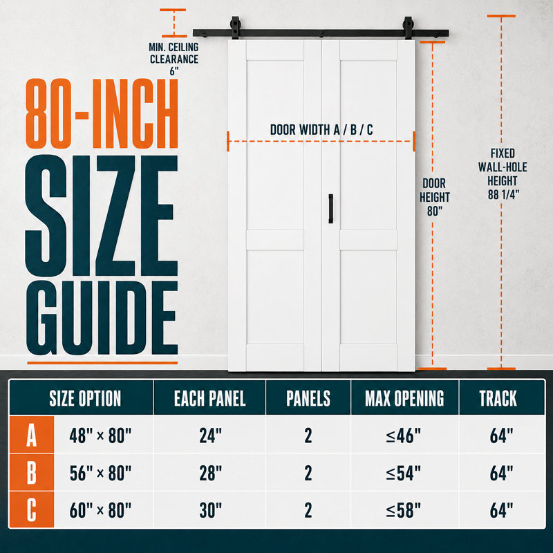 Porte standard préfinie à vitrage clair de 56 po x 80 po avec quincaillerie pour portes pliantes de style grange, idéale pour le garde-manger et le placard.