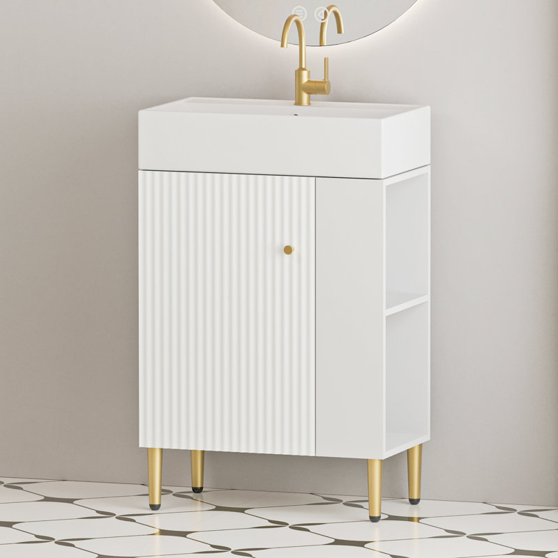 21.6" Freestanding Single Bathroom Vanity Set with Left Side Open Shelf, Ceramic Sink, Soft-Closing Door, Cloakroom Storage Cabinet, 3 Colors Option