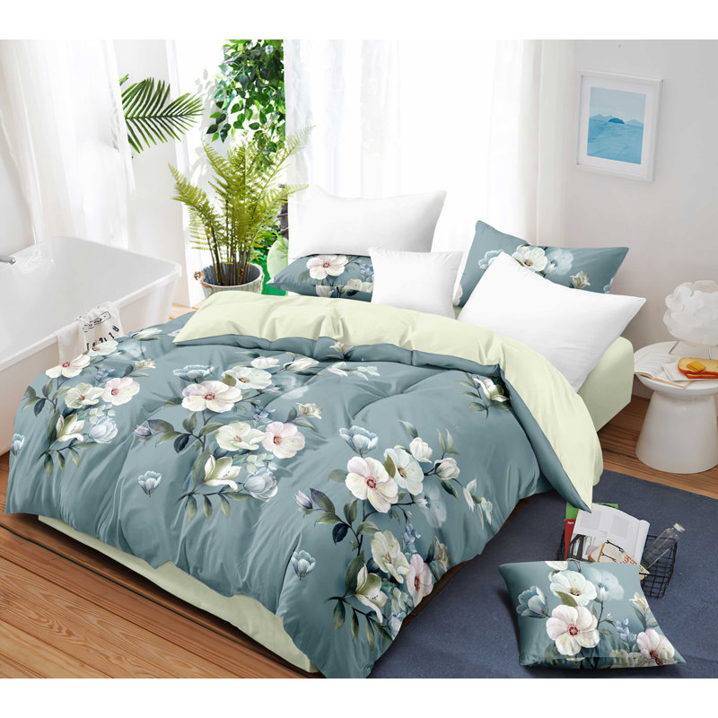 9pcs Quilt Bedding Set Lake Blue Floral Bedspread King Size for Bedroom, Lightweight Comforter with 2 Pillow Shams, 6 Matching Curtains 90x100In