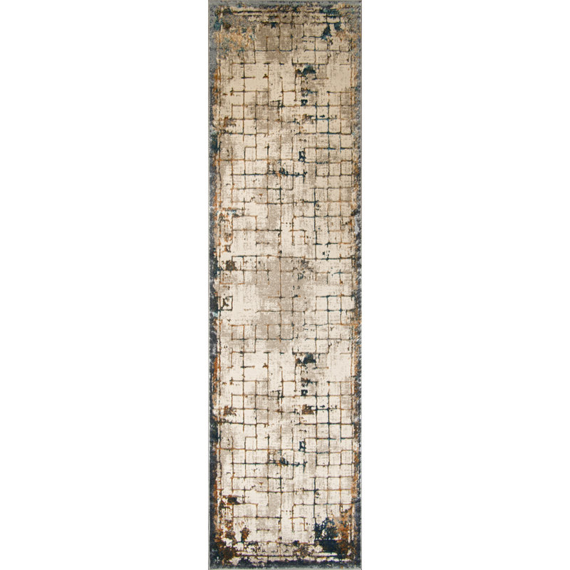 Tapis oriental abstrait, tapis en polypropylène brun ou gris, tapis de chambre contemporain - 5 x 8, 6 x 9