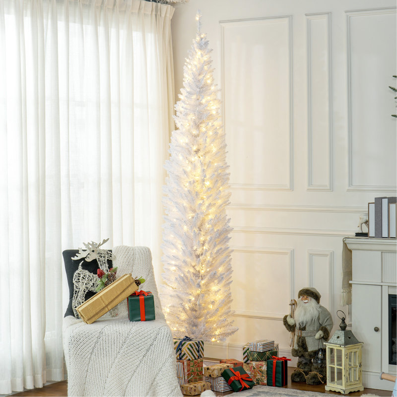 Sapin de Noël artificiel mince 8 po avec 300 lumières DEL blanc chaud et 618 pointes, pour décoration de Noël, blanc