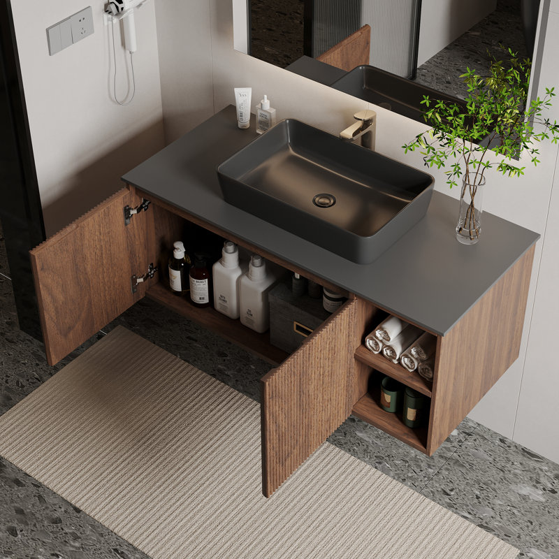 Meuble-lavabo simple brun 36 po avec lavabo en céramique noire 36 po