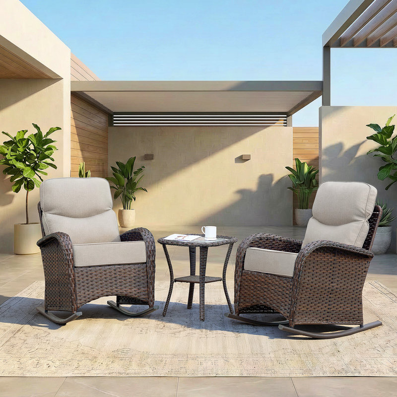 Luxury Patio Furniture Set, High Back Outdoor Rocking Chairs with 6" Thick Cushions and Table, 3 Pieces All Weather Bistro Conversation Set for Porch Deck Balcony Yard (Beige)