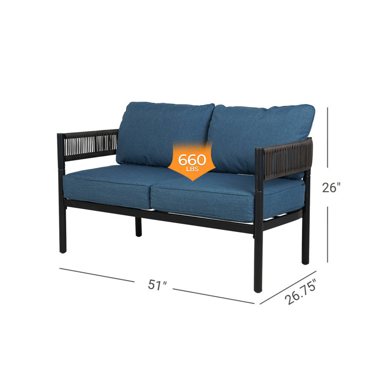Maine Defino Wicker Outdoor Loveseat, Peacock Blue Cushion/Brown Arm