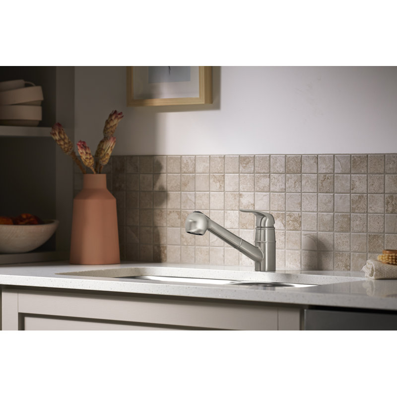 Robinet de cuisine à poignée simple Valton avec MasterClean et douchette latérale Valton, Acier inoxydable vibrant