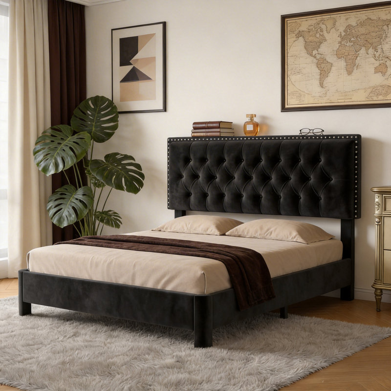 Queen Size Bed Frame With Headboard, Upholstered Platform Bed Frame, Button Tufted Bed Frame Queen, Wooden Slat Support, No Box Spring Needed, Easy Assembly, Black