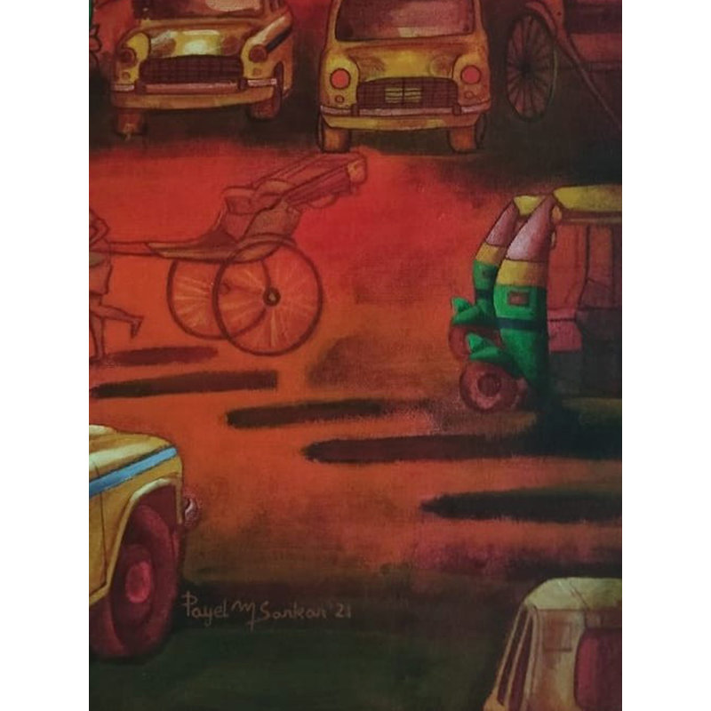 Road Cross by Rickshaw Puller Acrylic Painting on Canvas by Payel Mitra - 18.5x12.5 Inch Indian Street Life Artwork, Ethnographic Urban Scene Gallery Wrapped Wall Decor