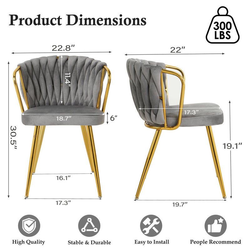 Byers Velvet Dining Chairs Set of 4, Woven Upholstered Side Chairs with Metal Legs, Modern Accent Leisure Chairs Kitchen & Dining Room Chairs for Bedroom Living Room