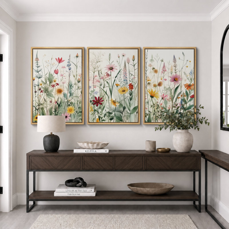 Vibrant Wildflower Green Garden Floral Boho Artwork Framed On Canvas 3 Piece Paintings Print Wall Decor, 24" H x 16" W