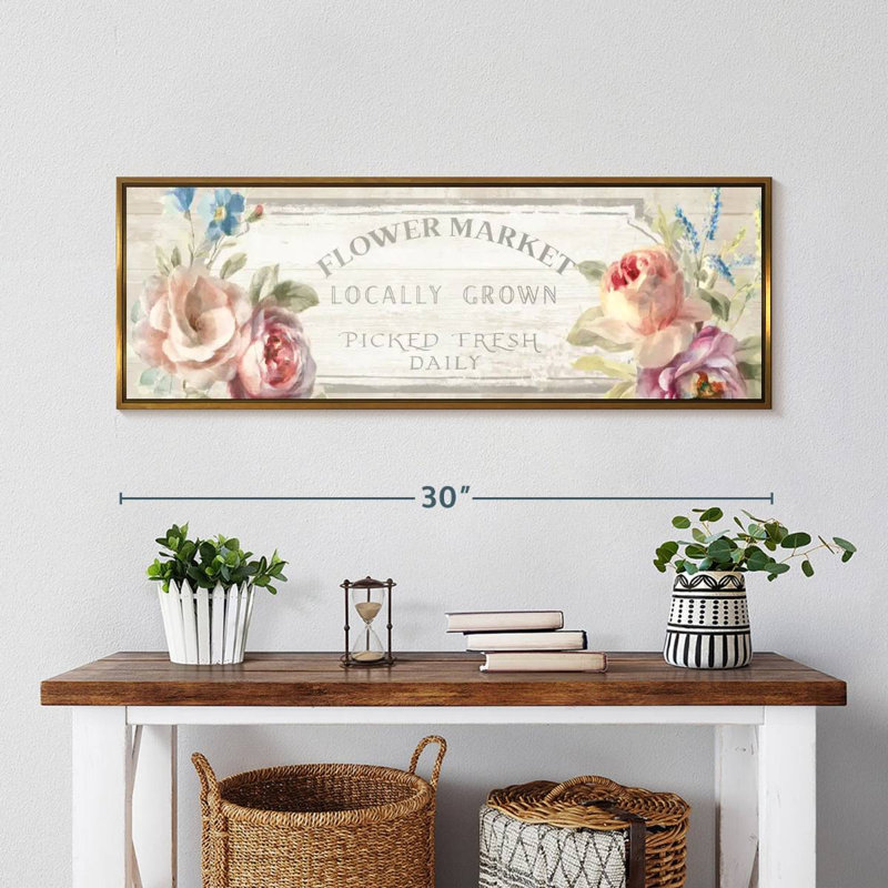 «Cottage Garden» sur panneau mural en bois, Cadre flottant doré, 31 po x 11 po