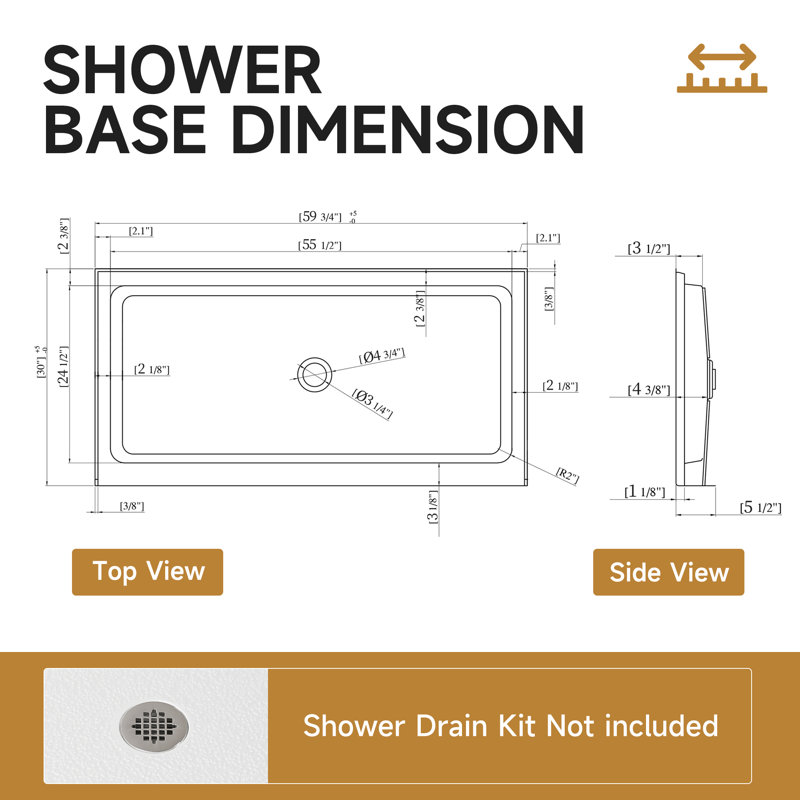 60" L X 30" W Acrylic Shower Base With Center Drain, Single Threshold Rectangular Shower Pan, White, Slip-resistant Floor