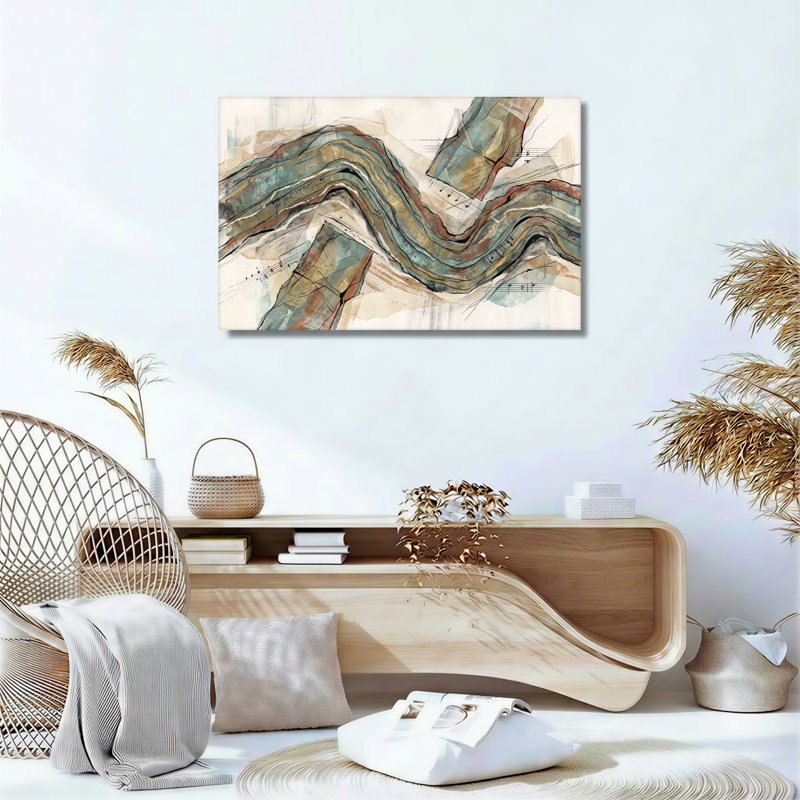 Toile murale abstraite aux motifs ondulés et notes de musique, tons turquoise et terreux, H 16 po x l 24 po