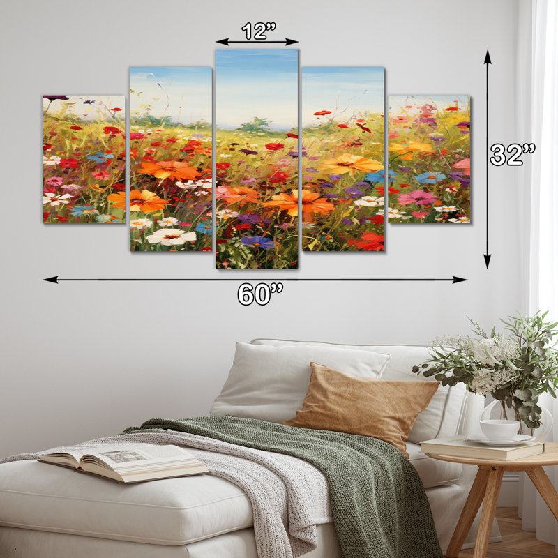 Fleurs colorées colorées Meadow Blooms I - impression sur toile florale - 5 panneaux