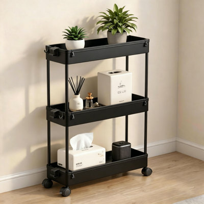 Wagon de rangement roulant ultra-mince, wagon de rangement réglable à trois couches, polyvalent et facile à installer, stable et flexible, noir
