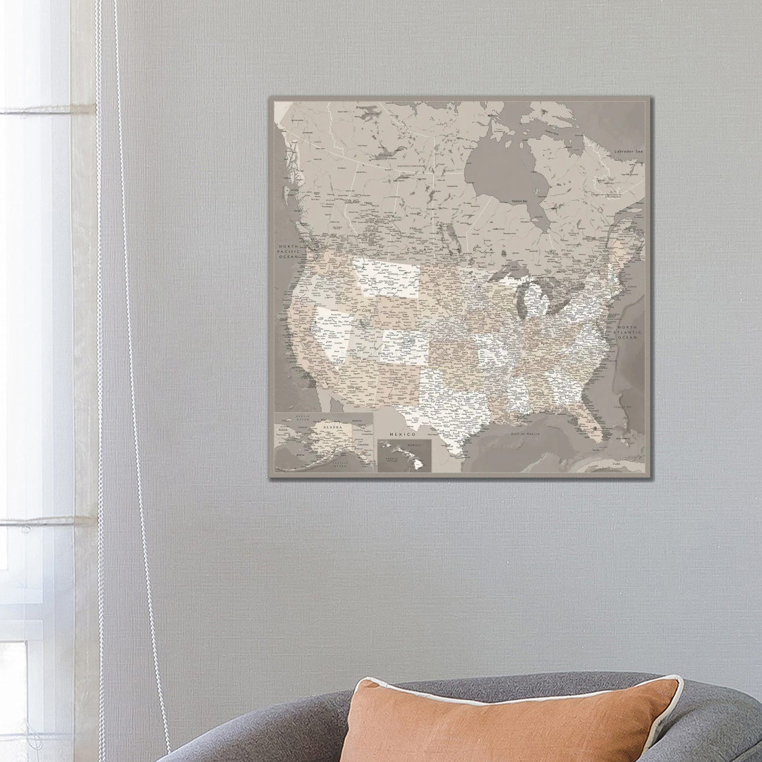 Detaillierte Karte der USA und Kanadas, Davey von Blursbyai - Giclée auf Leinwand ohne Rahmen mit Galerieeinband