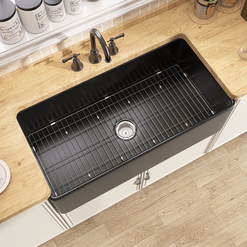 Évier de cuisine simple en argile réfractaire 36 po avec évier de cuisine et drain, Noir