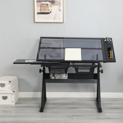 Table à dessin noire réglable en verre trempé avec chaise