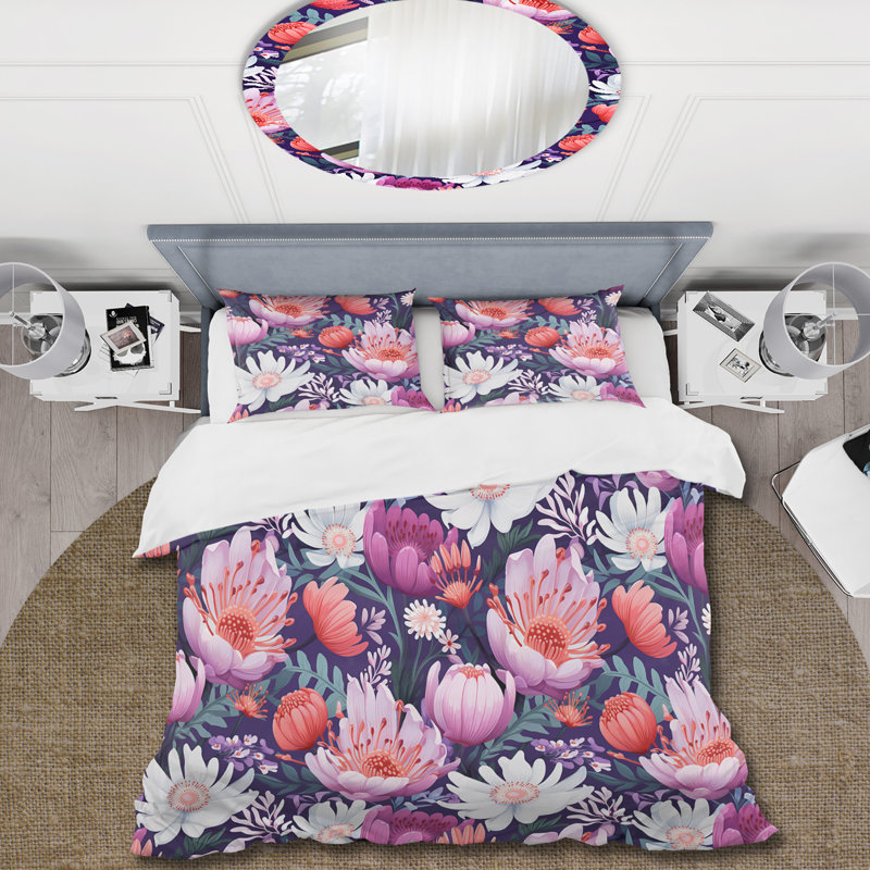Literie violette à motif floral I, Housse de couette pour très grand lit et 2 très