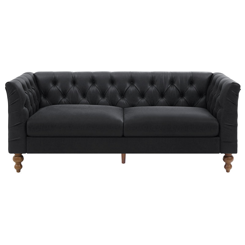Canapé Chesterfield traditionnel Ivarn de 187 cm de large, recouvert de PU, avec dossier capitonné en losanges, accoudoirs évasés et pieds en bois d'hévéa