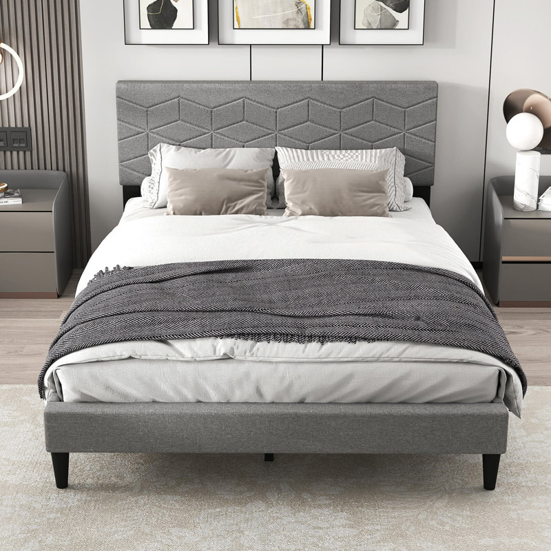 Full Size Bed Frame with Linen Fabric Upholstered Headboard & Wooden Slat Support, Full