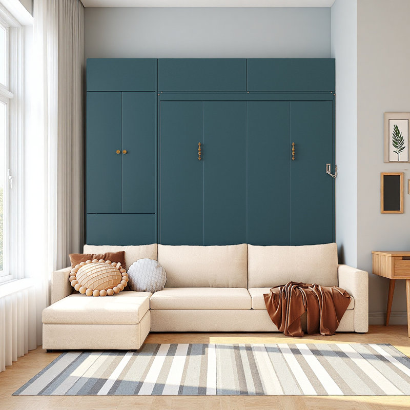 Grand lit escamotable mural avec canapé et tablettes, Beige