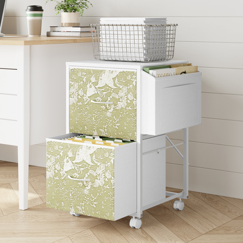 15 Inch Embossed Metal Framed Wooden File Cabinet With 2 Drawers And Wheels