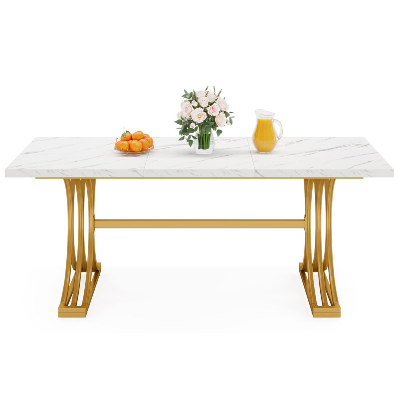 Keidenel Metal Base Dining Table, White/Gold