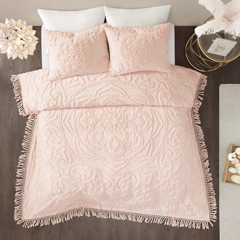 Blush Cotton Chenille Medallion Fringe Sheet Coverlet, For Home Bedroom,, Full Coverlet + 2 Twin Shams, Blush