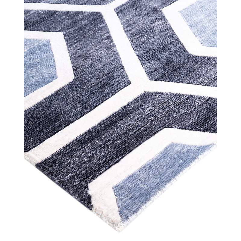 Gray and White Hand-Knotted Silk Rectangular Area Rug