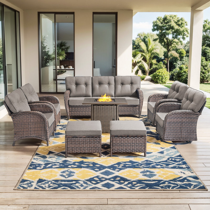 Teebeck 8-Piece Wicker Rattan Patio Conversation Set With Square Fire Pit Table And Swivel Chairs, Gray