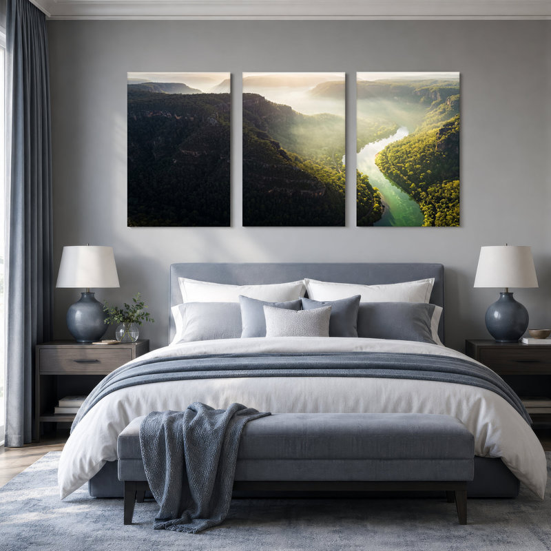 Winding River Through Misty Forested Mountains Set Of 3 Canvas Wall Art, 24"H x 16"W x 3pcs