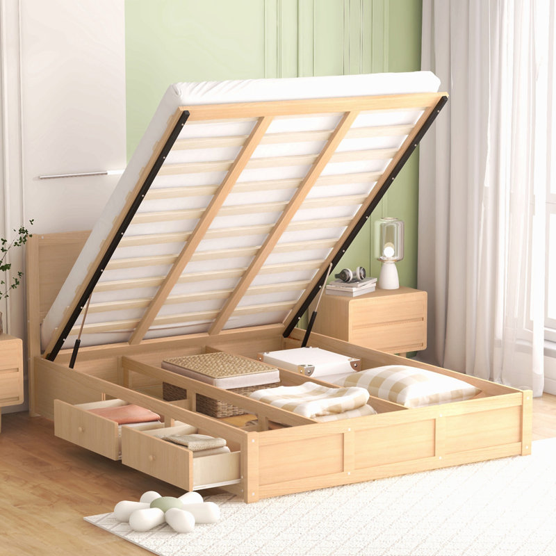 Lit plateforme en bois avec rangement inférieur et 2 tiroirs, Grand lit