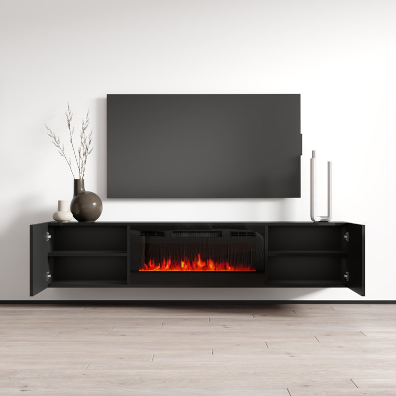 Aiyanah 72" Modern TV Stand with Electric Fireplace, High Gloss Finish, Wall-Mounted, Black