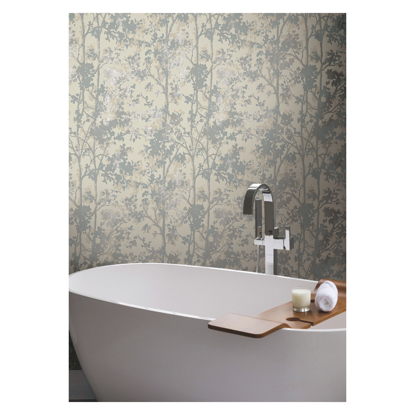 Modern Floral Wallpaper, Cream/Silver