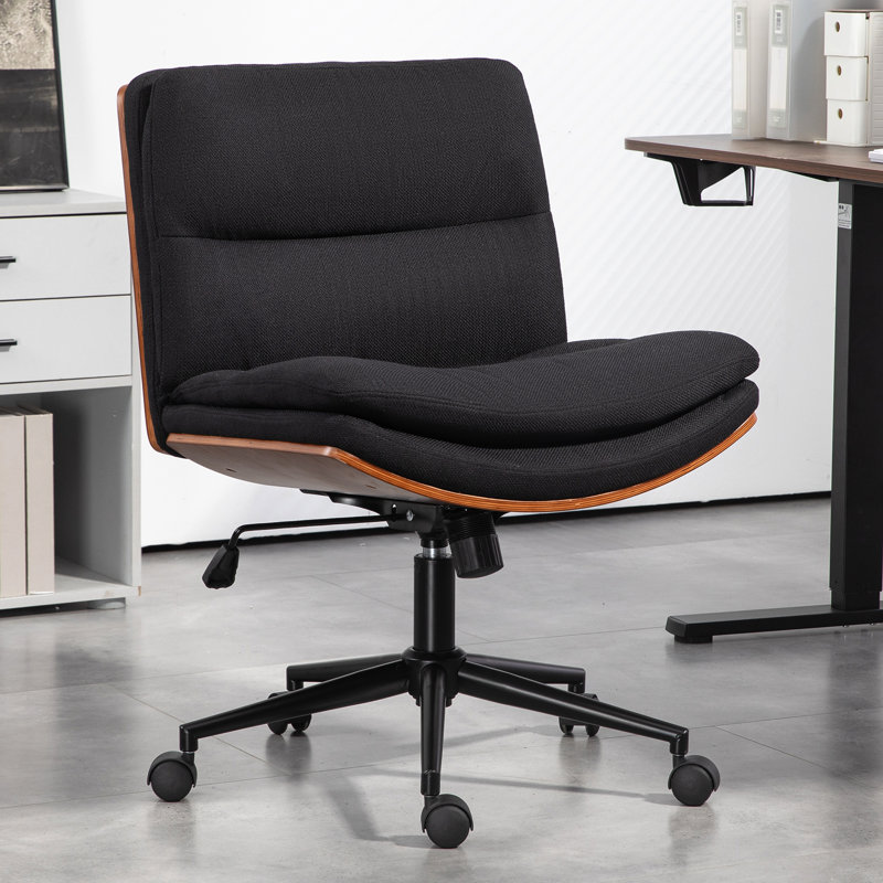 Modern Walnut Armless Office Desk Chair with Wheels, Wide Criss Cross-Legged Home Office Chair, Adjustable Swivel Task Chair