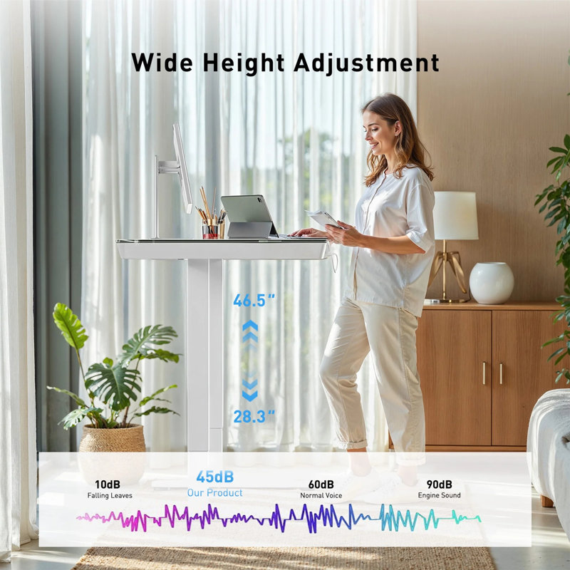 Bureau d'ordinateur à hauteur ajustable avec tiroir et ports USB et Type-C pour le bureau à domicile, Blanc / blanc