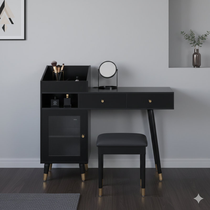 Modern Makeup Vanity Desk With Drawers, A Cabinet, And A Charging Port. A Space-Saving Dressing Table Set That Includes A Stool, Designed For Small Spaces, In Black.