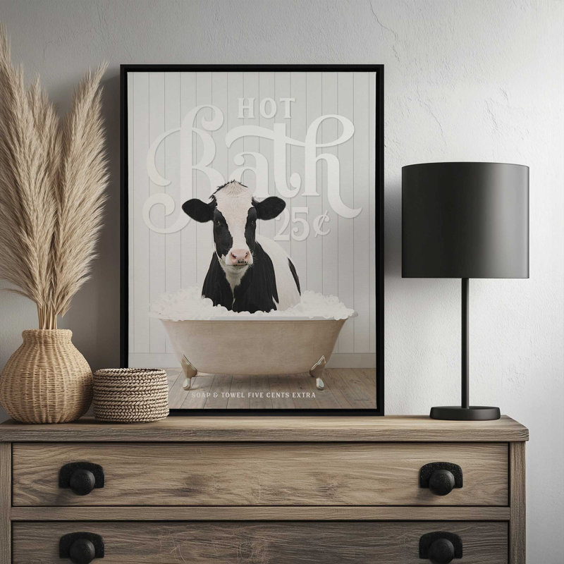 «Cow Hot Bath» par Art, L 18 po x H 24 po, Or, Toile avec cadre