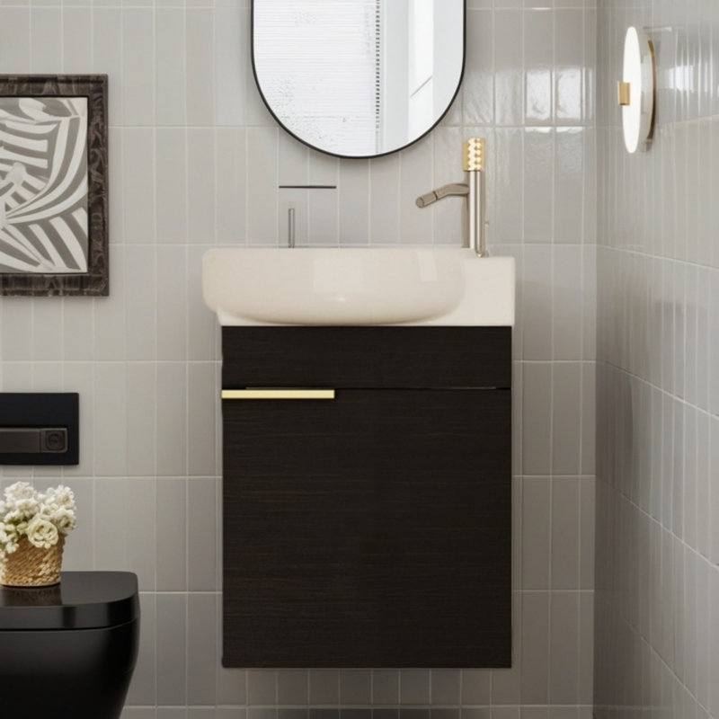 Meuble-lavabo mural moderne de 16 pouces avec portes à fermeture douce et lavabo en céramique, conception flottante compacte pour les petites salles de bain, salles d'eau
